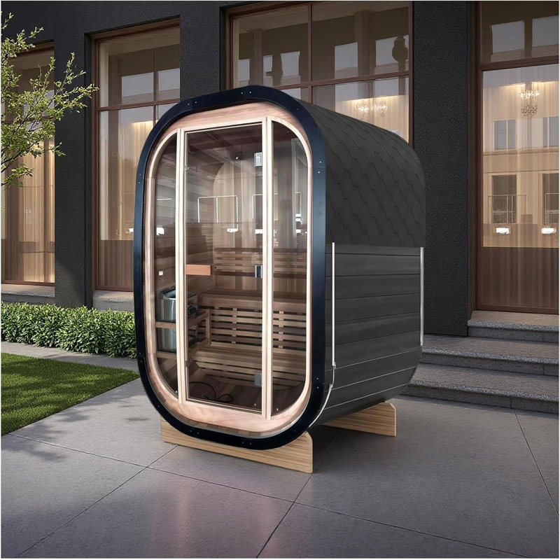 Outdoor Traditional Cube Steam Sauna Room for 2 Person, Canadian Red Cedar Barrel Sauna with 4.5KW ETL Certified TOULE Heater, 8mm Tempered Glass, Black Color, 220V (0-195 °F)