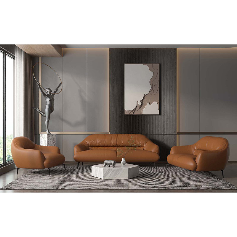 Aukai Contemporary 66"L Leather Upholstered Loveseat, Cognac Leather