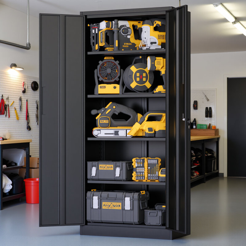 72"h Metal Garage Storage Cabinet, Black Tool Steel Locking Cabinet With Doors And 4 Shelves, Tall Cabinets For Garage Storage Systems Lockable File Cabinet For Home Office, Classroom/pantry