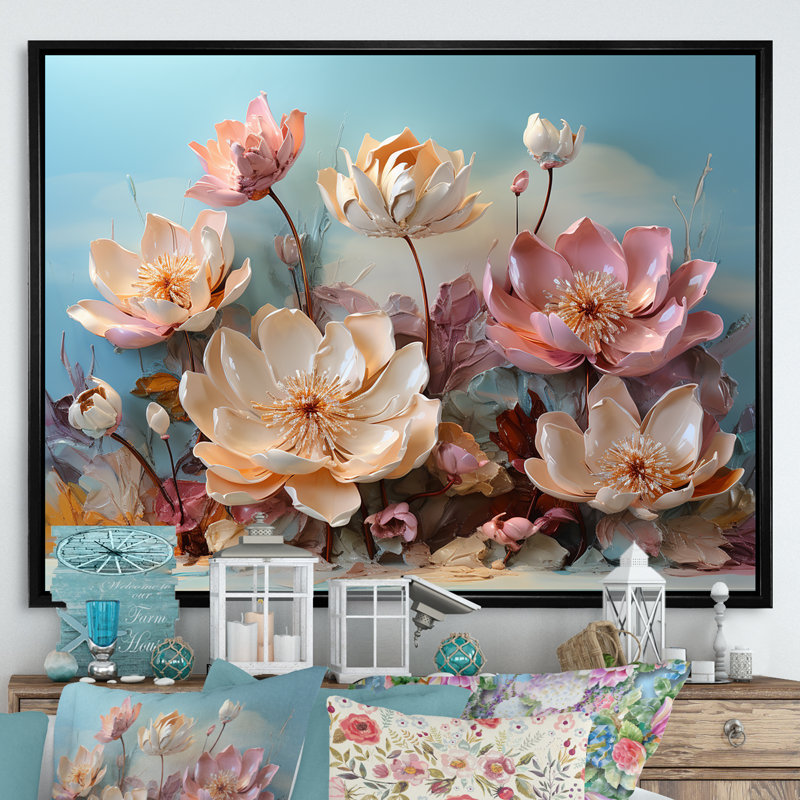 Fleur de lotus rose moderne - impression, Cadre flottant noir, H 34 po x l 44 po x P 1,5 po