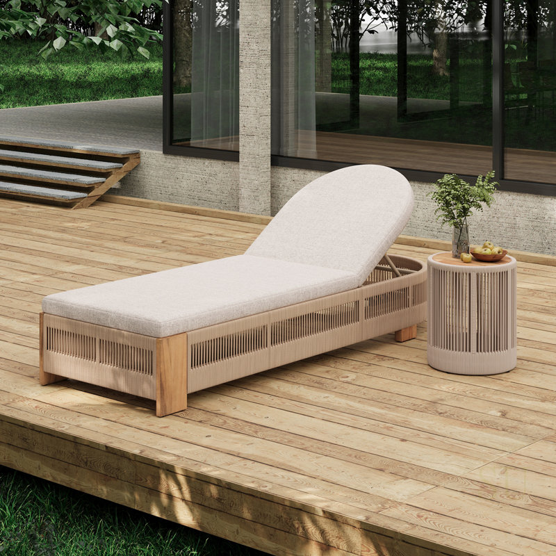 Durable Outdoor Rope Chaise Lounge Set With Adjustable Backrest And Teak Look Side Table, Ideal For Patio And Poolside Relaxation