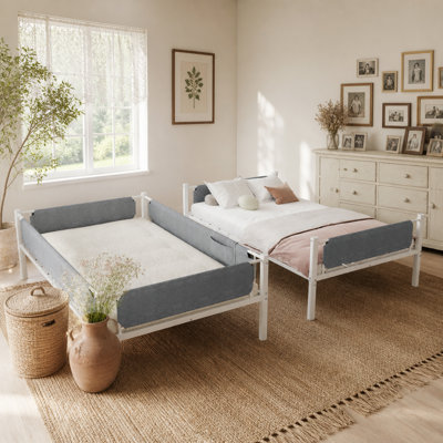 Lit superposé en fer forgé avec poches de rangement amovibles pour le linge, convertible en deux lits simples, installation flexible, robuste et peu encombrant – Cadre blanc, linge gris, taille simple