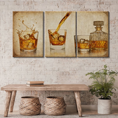 Vintage Distressed Whiskey Glass Bottle Still Life Canvas Wrapped Ready To Hang Bar Man Cave Wall Decor 3 Pieces