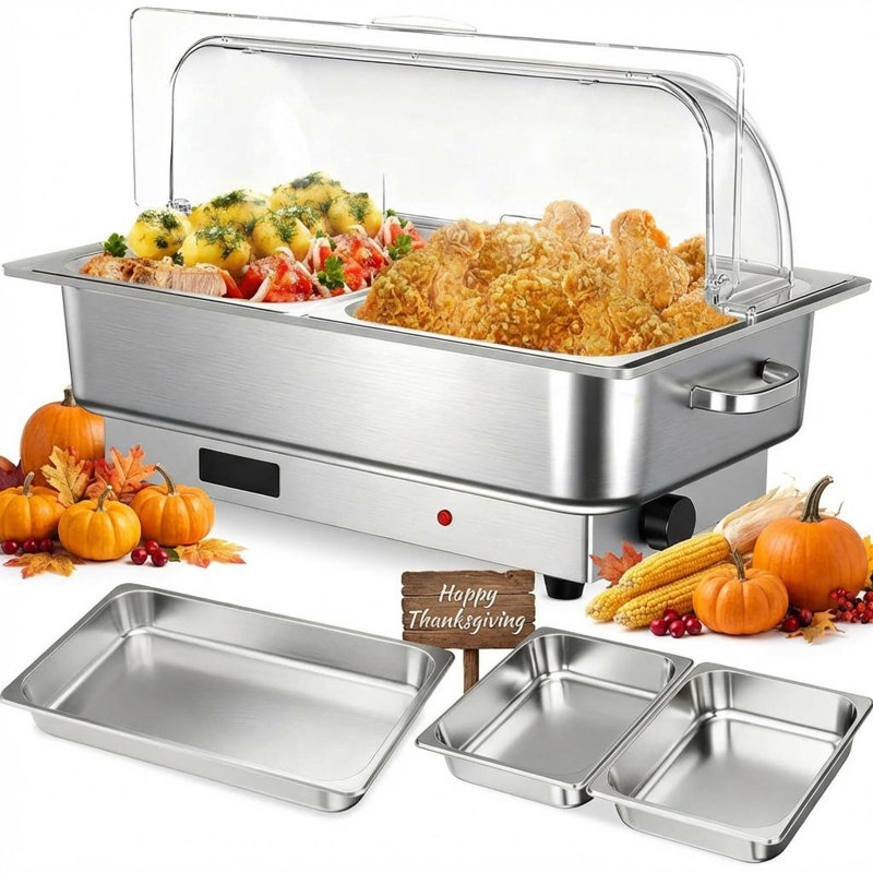 Electric Chafing Dish Set with Temperature Control, 9QT Stainless Steel Food Servers and Warmers with Transparent Lid, Perfect for Catering, Weddings, and Parties, High-Quality Buffet Set