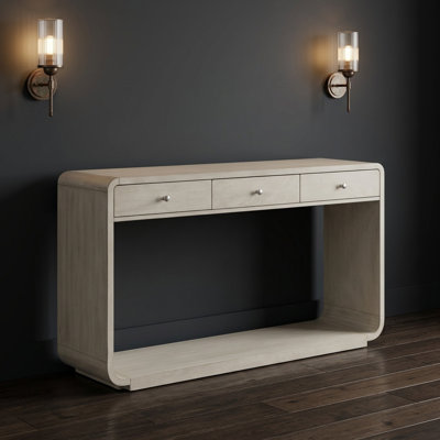 Console classique avec 3 tiroirs de rangement spacieux, tablette ouverte, support de pieds courbé, fabrication en bois composite robuste, assemblage facile, convient au vestibule, au couloir, au salon, au bureau