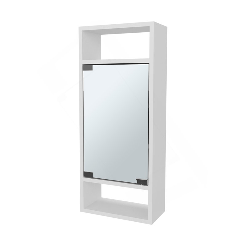 Pharmacie en pin avec porte miroir et rangement ouvert, blanc