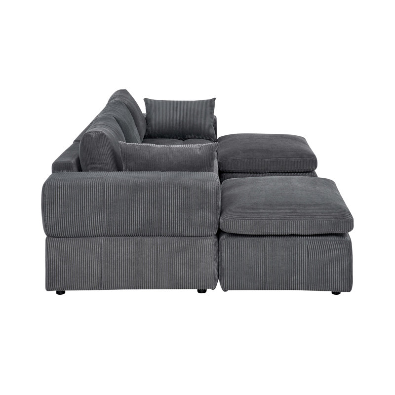 Large Arms Cordory Upholstered Modular Sectional With 2 Ottomans, Dark Gray