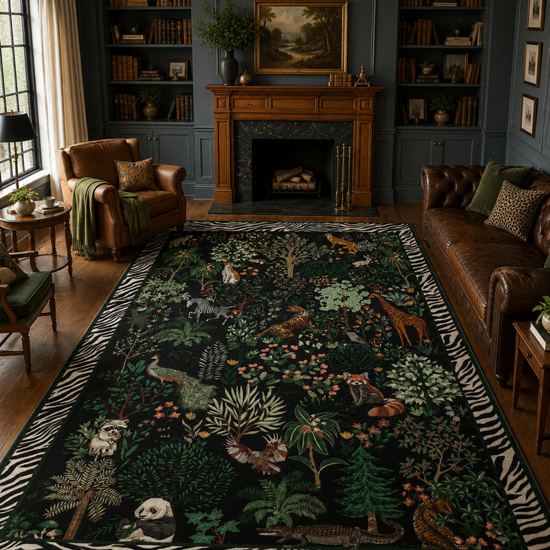 Tapis lavable à la machine Jungle Animal, Noir, 10 x 13 pi