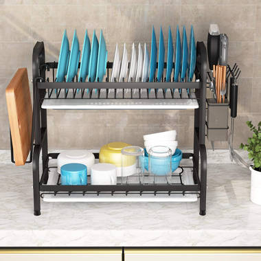 Zyerch Dish Rack 2 Level Countertop Drying Rack with Drain Tray, Kitchen Dish Strainers with Utensil Holder,Overhang Cutting Boards Large Capacity