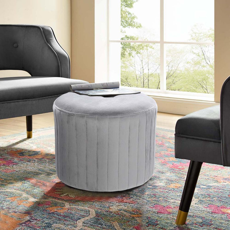 Rich 40cm Wide Velvet Round Abstract Pouffe Ottoman, Grey