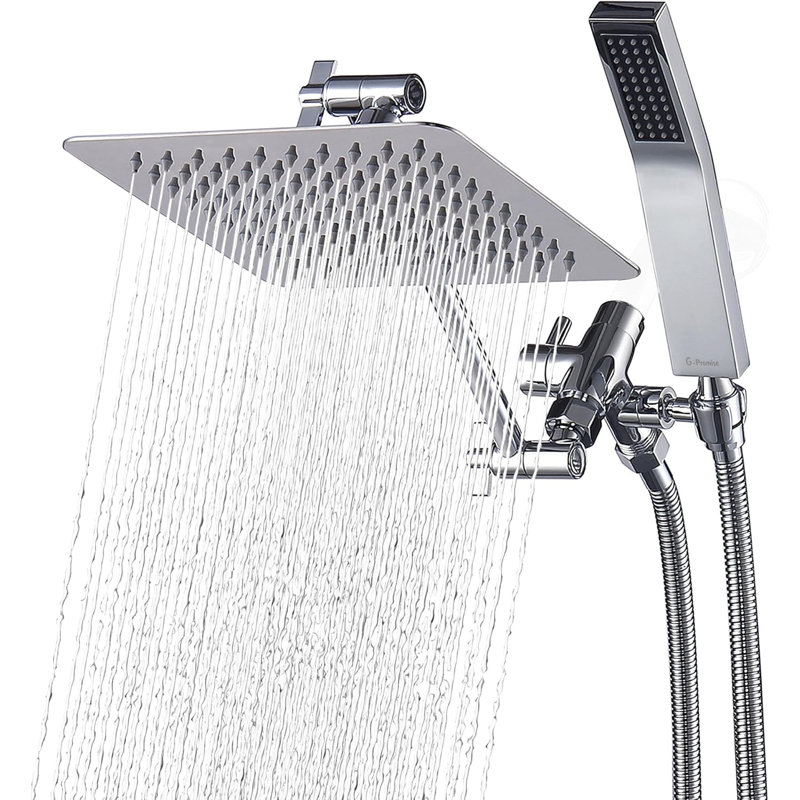 Stainless Steel 8-Inch Dual Square Rain Shower Head With Handheld Wand, Extension Arm And Hose