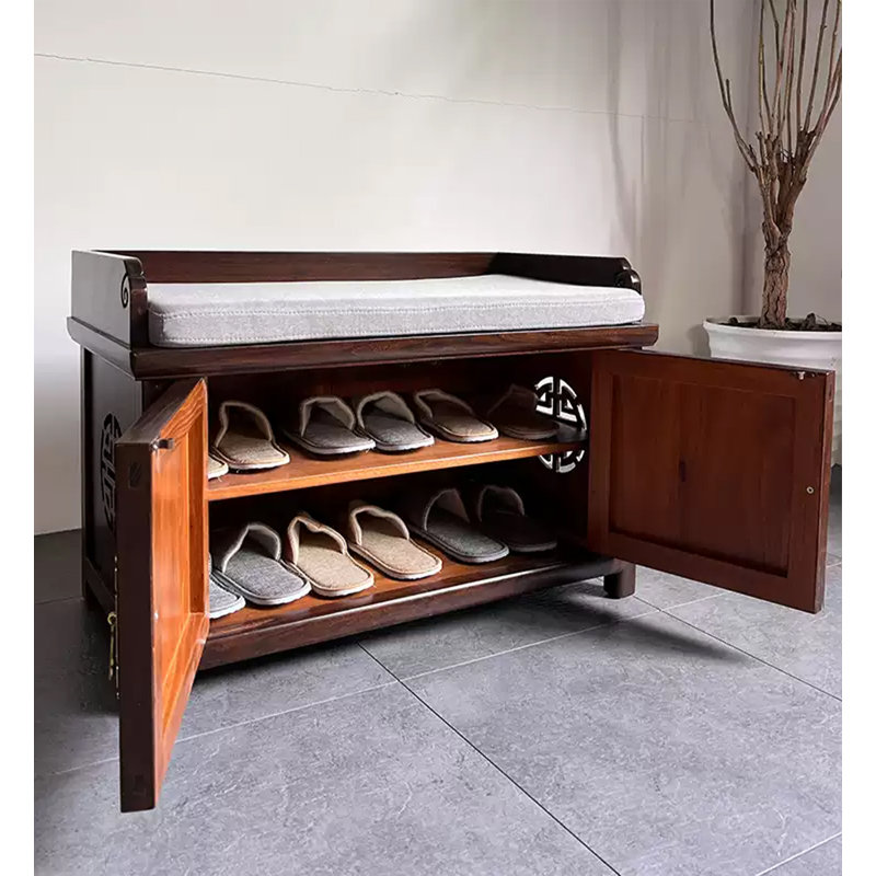 Traditional Carved Solid Wood Shoe Storage Bench With Cushion