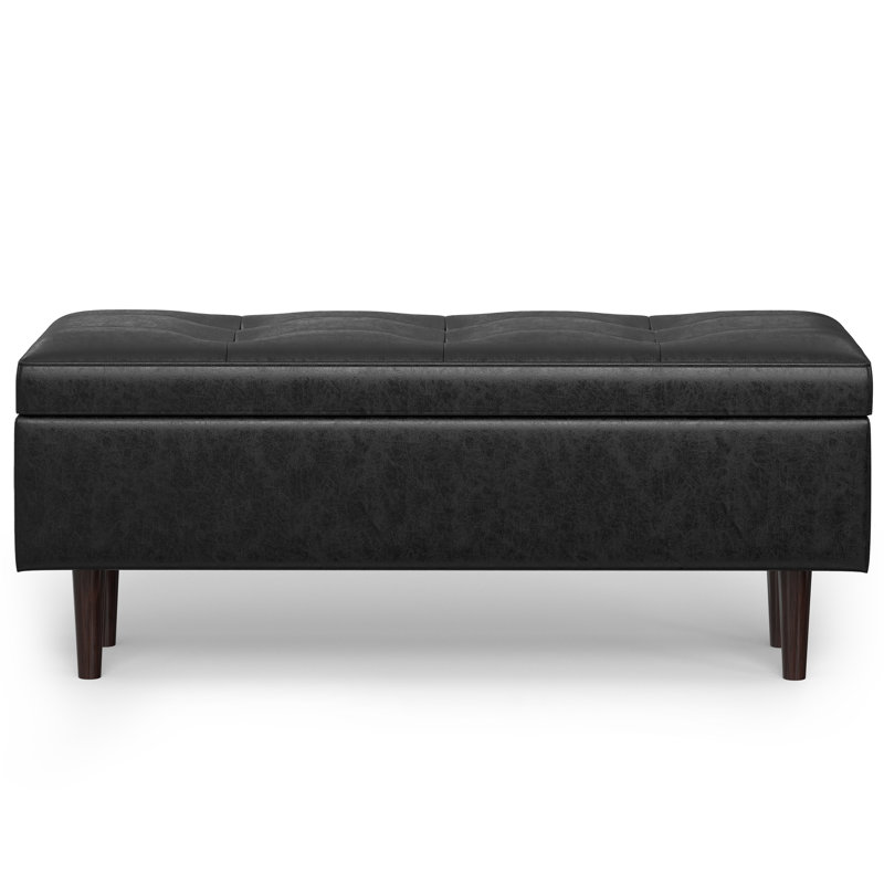 Shay 48"W Upholstered Vegan Leather Mid-Century Modern Rectangular Lift-Top Coffee Table Storage Ottoman, Distressed Black