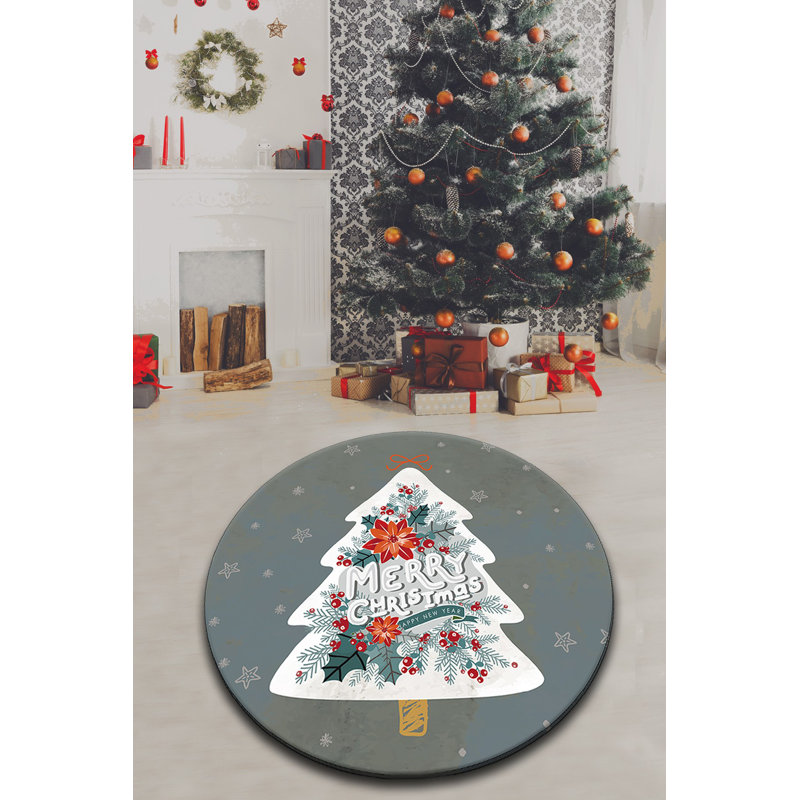 Christmas-Themed Round Carpet, 47.2 in Diameter | 100% Polyester, 0.4 in Pile Height | Antibacterial, Non-Slip Underside & Machine Washable | Festive Grey, White, Red & Green Design for Holiday Decor