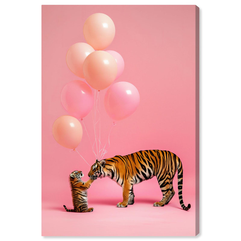 Joyful Wilderness Pink Canvas Art with Tigers and Balloons