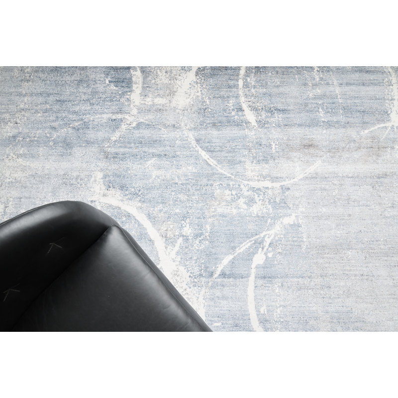 Fine Pure Silk Geometric Hand-Knotted Blue/Gray/Ivory Area Rug, Rectangle 8' x 10'