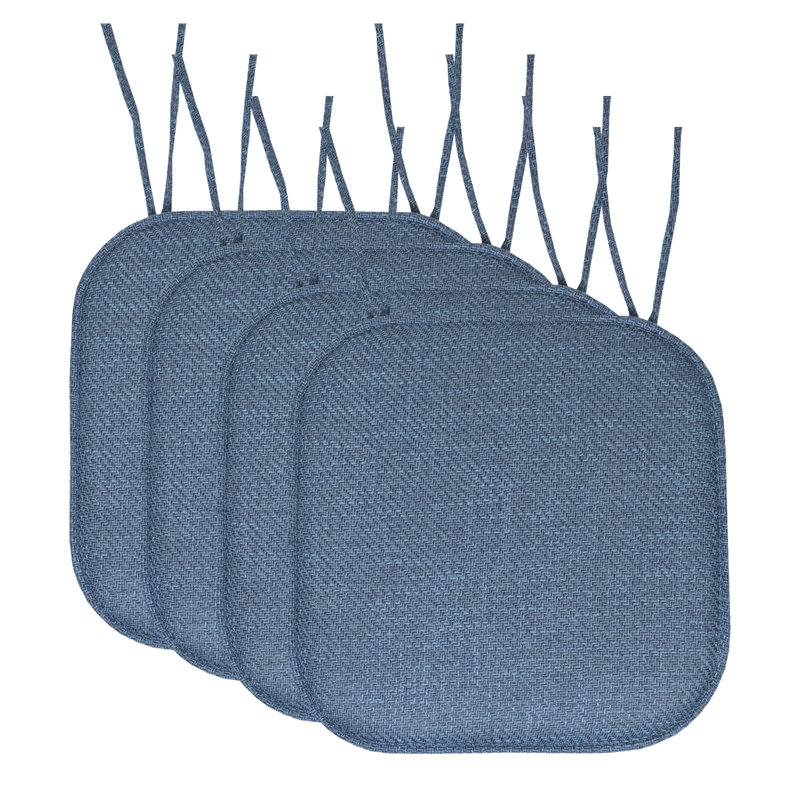 Herringbone Stitch Memory Foam Non-Slip 16" x 16" Chair Cushion Pad with Ties, Blue, 12