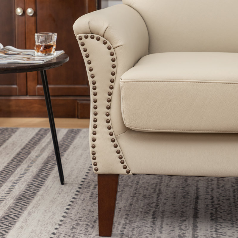 Shalisia 32'' Wide Upholstered Genuine Leather Armchair, Beige Genuine Leather
