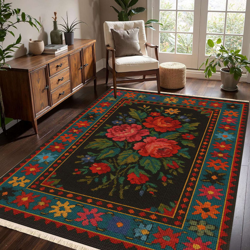 Tapis rustique rose et motif géométrique