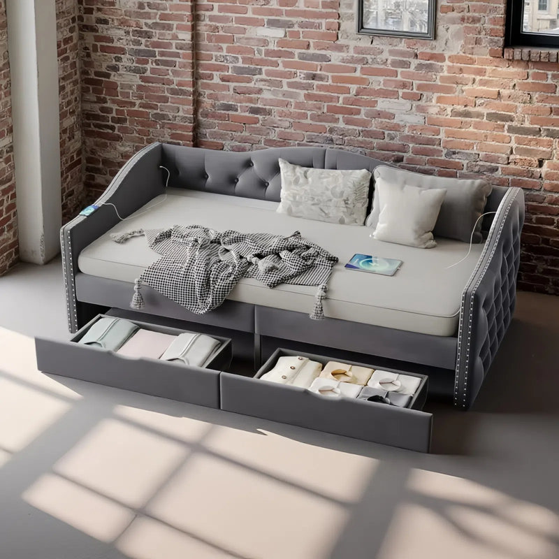 Twin Size Upholstered Daybed With Storage Drawers & USB Charging - Button-Tufted Velvet Sofa Bed Frame