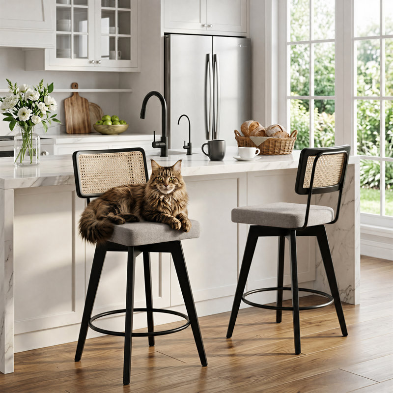 Uniondale Swivel Linen Upholstered 26.2'' Counter Stool with Rattan Cane Back and Solid Wood Frame