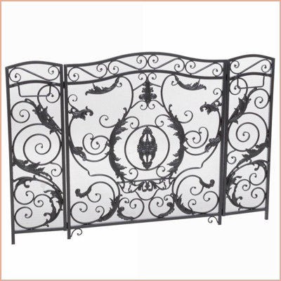 Fireplace Screen Traditional 3-Panel Iron Floral Design Black Brushed Silver | 53”W x 36”H | Black+Silver | Iron