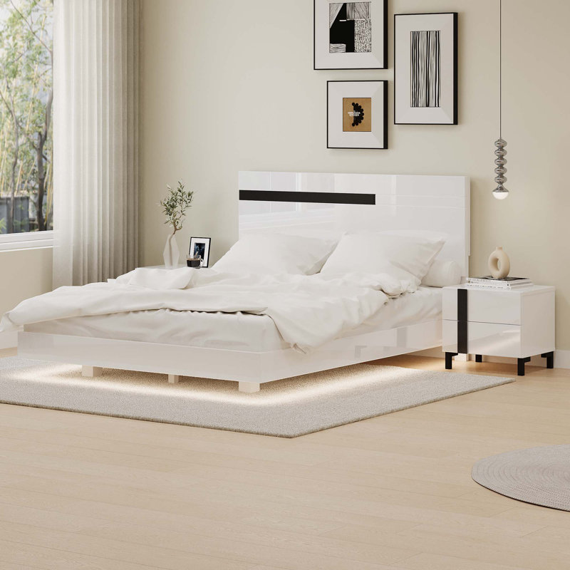 High Gloss 3-Piece Bedroom Set Floating Bed Frame Queen Size Platform Bed With LED Light & 2 Nightstands