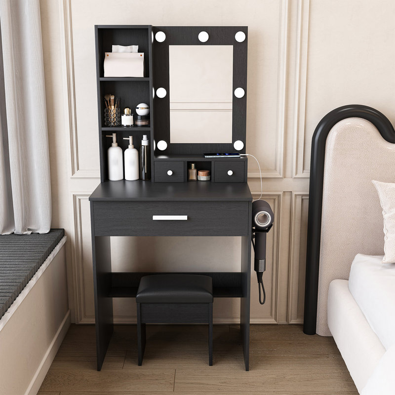 Coiffeuse avec lampe à DEL et éclairage réglable pour tabouret, station de charge et support de ventilateur, coiffeuse avec espace de rangement