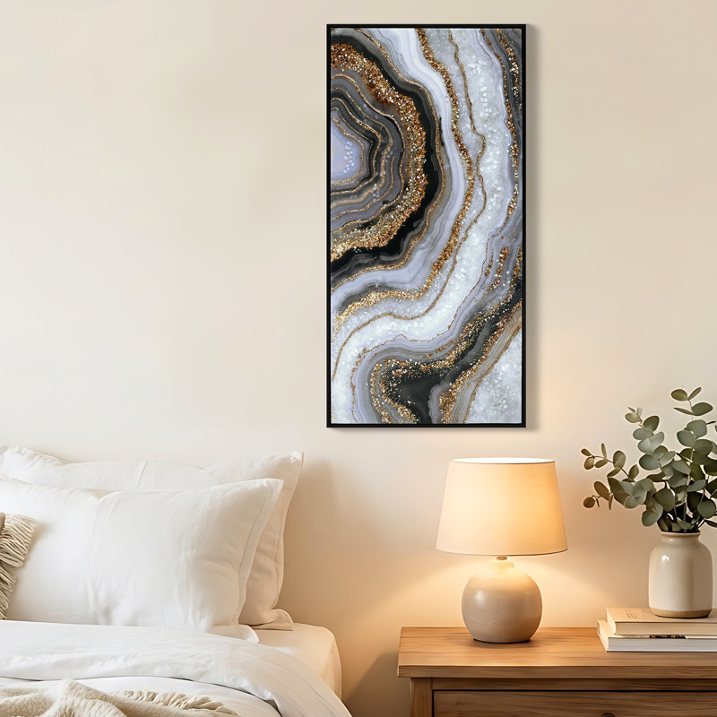 Décoration murale abstraite moderne 20 x 40 pouces, toile noire et dorée avec, peinte à la main, idéale pour le bureau d'art à la maison, toile, décor professionnellement polyvalent