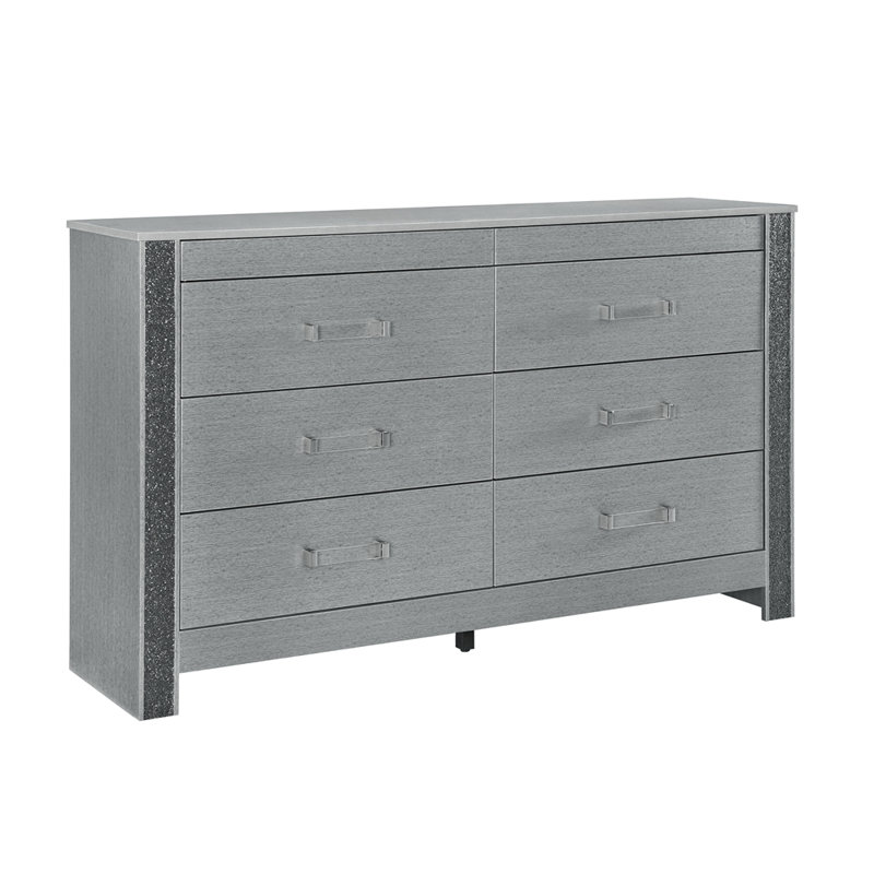 Commode élégante à finition argentée avec compartiment à bijoux caché et tiroirs spacieux, parfaite pour le rangement organisé et le glamour