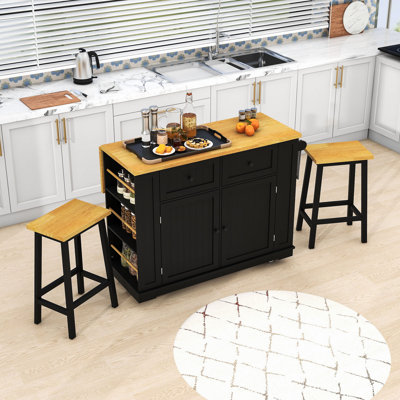 Rolling Kitchen Island Set with Drop Leaf, 2 Bar Stools, Power Outlet, 2 Drawers and Door Racks