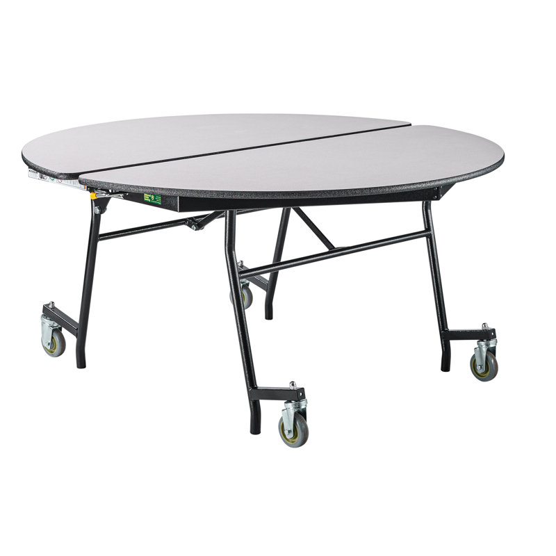Table de cafétéria mobile NPS, ronde de 60 po, centre en panneau de fibres à densité moyenne, bordure protectrice noire, structure noire, nébuleuse grise