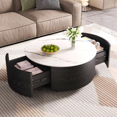 Table basse ronde moderne mobile 29,5 po avec roulettes et 2 tiroirs en marbre