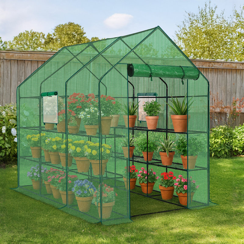 3-Tier Metal-Framed PE-Covered Walk-In Greenhouse With 12 Shelves, Green