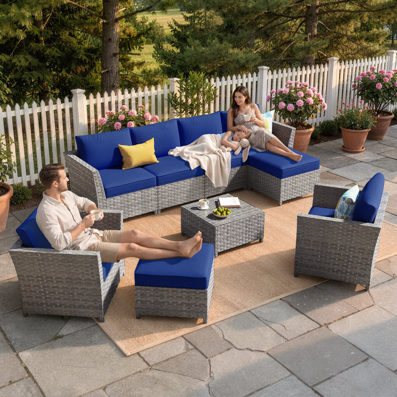 Ensemble de conversation modulaire en rotin de grande taille avec coussins 9 pièces Grano, Bleu marine