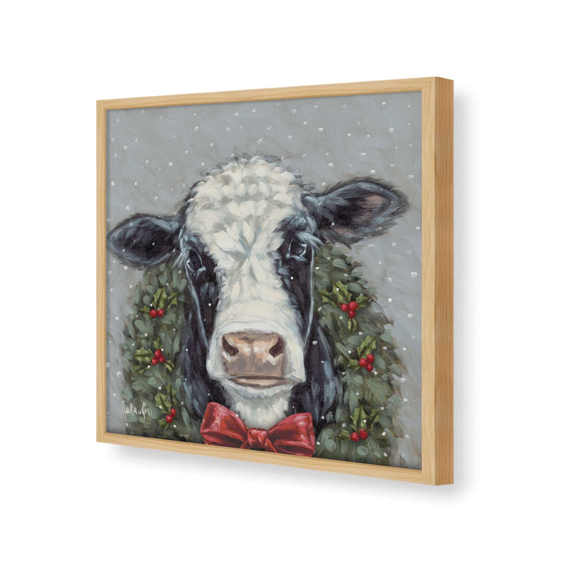 «Snowy Day Christmas Cow II» par Sara G. Designs, reproduction d'art, L 20 po x H 20 po, Érable, Impression encadrée