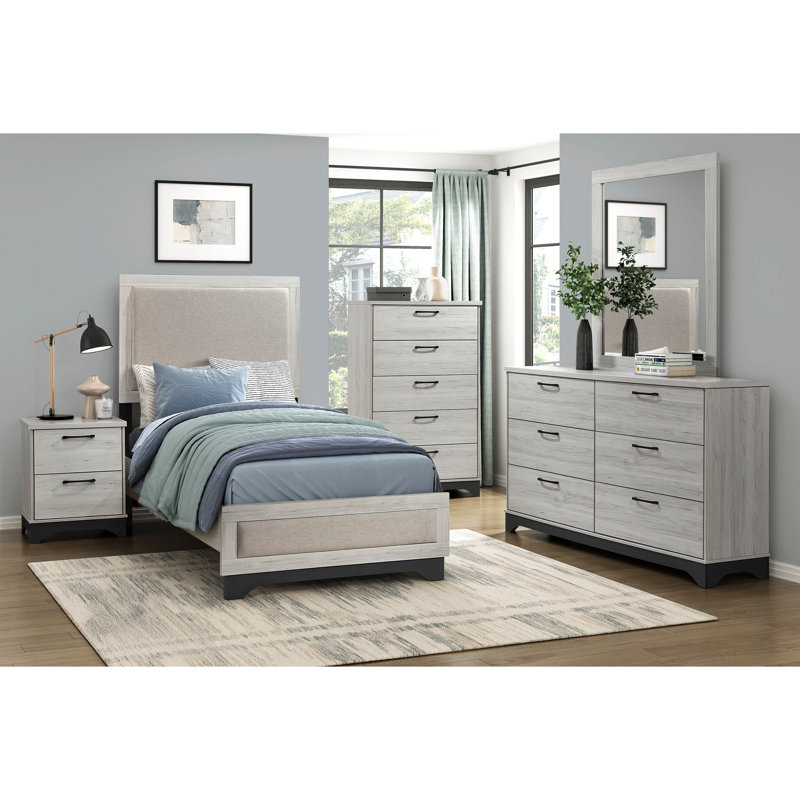 Lit plateforme simple de conception contemporaine avec des composants revêtus de tissu d'ameublement recouvert de tissu à deux tons en chêne blanc et gris pour chambre à coucher