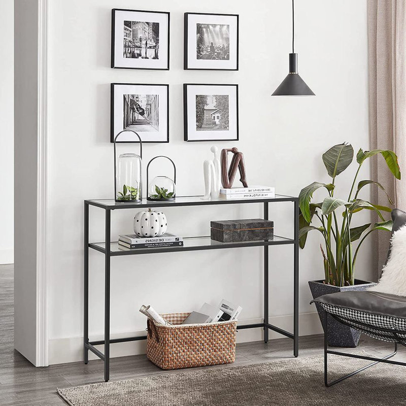 Commode industrielle moderne, noire et transparente, 35,4 x 31,5 x 11,8 pouces | 100% verre trempé (5 mm) et cadre en métal | Solution de rangement élégante pour la chambre à coucher et le salon, design durable et élégant
