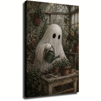 Fantôme arrosant des plantes dans une vieille serre, toile murale d'Halloween de style cottagecore