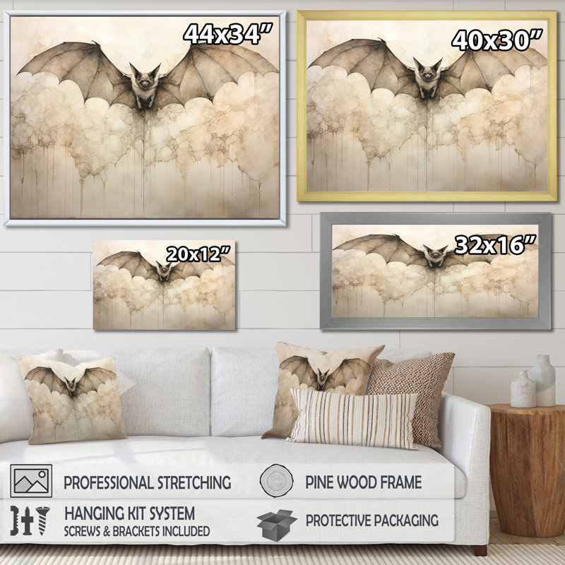 Ailes ouvertes de chauve-souris beiges sur toile, H 34 po x l 44 po x P 1,5 po, Encadrement doré