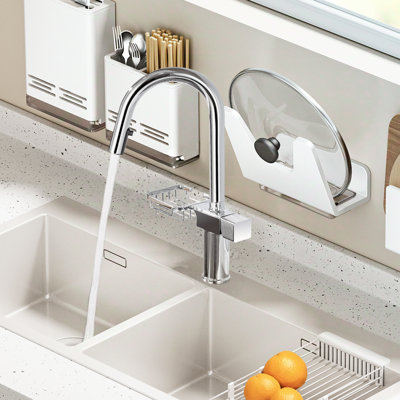 Robinet de cuisine en acier inoxydable à une arche rétractable à un trou, double fonction, pivotant sur 360 ° et tablette de rangement pour la vaisselle en acier, trou, modes de pulvérisation, valve de fuite rotative fiable
