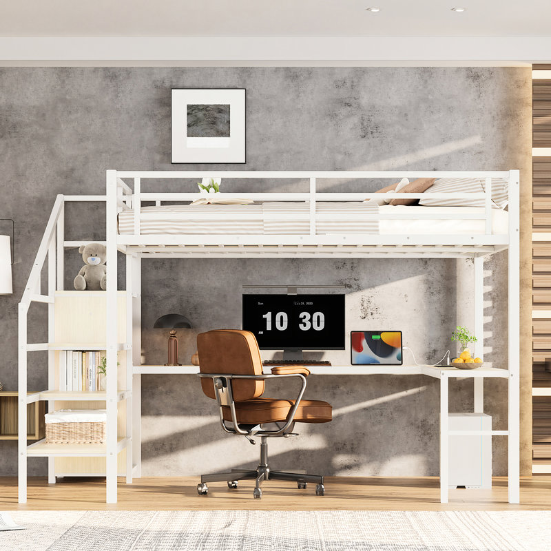 Lit mezzanine à grain de bois blanc avec grand lit, escalier, charge, luminaire à DEL et garde-robe pour la chambre des adolescents, rangement