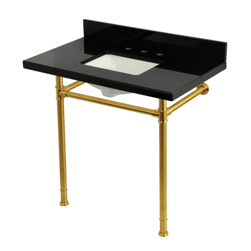 Évier console en granite noir KVPK36227K380 de 36 po avec pieds en acier inoxydable Kingston (8 pouces, 3 trous) Kingston