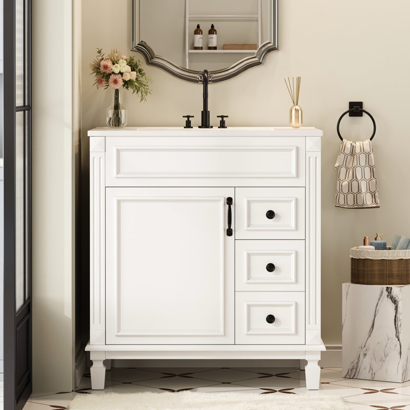 Meuble-lavabo de 30 pouces avec lavabo en céramique, 2 tiroirs et tablette réglable - silencieux pour les petites salles de bain