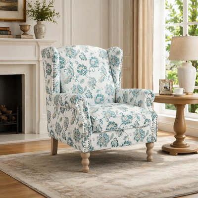 Modern Accent Chair with Retro Wood Legs, Comfy Upholstered Armchair, Floral Design Single Sofa Chair for Living Room Bedroom Office