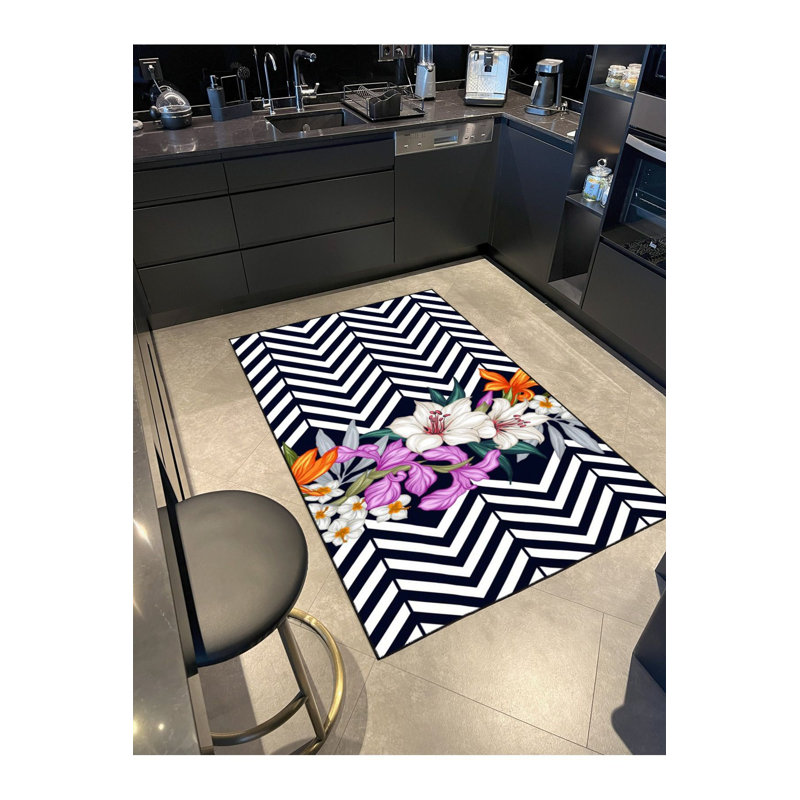 Tapis décoratif à rayures croisées à motif floral croisé, Rectangulaire 3 pi 11 po x 5 pi 11 po