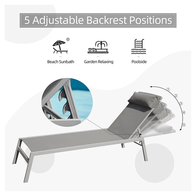 Ensemble 3 pièces de chaises longues de patio réglables avec table d'appoint - Chaises de piscine en aluminium gris avec tissu textilene
