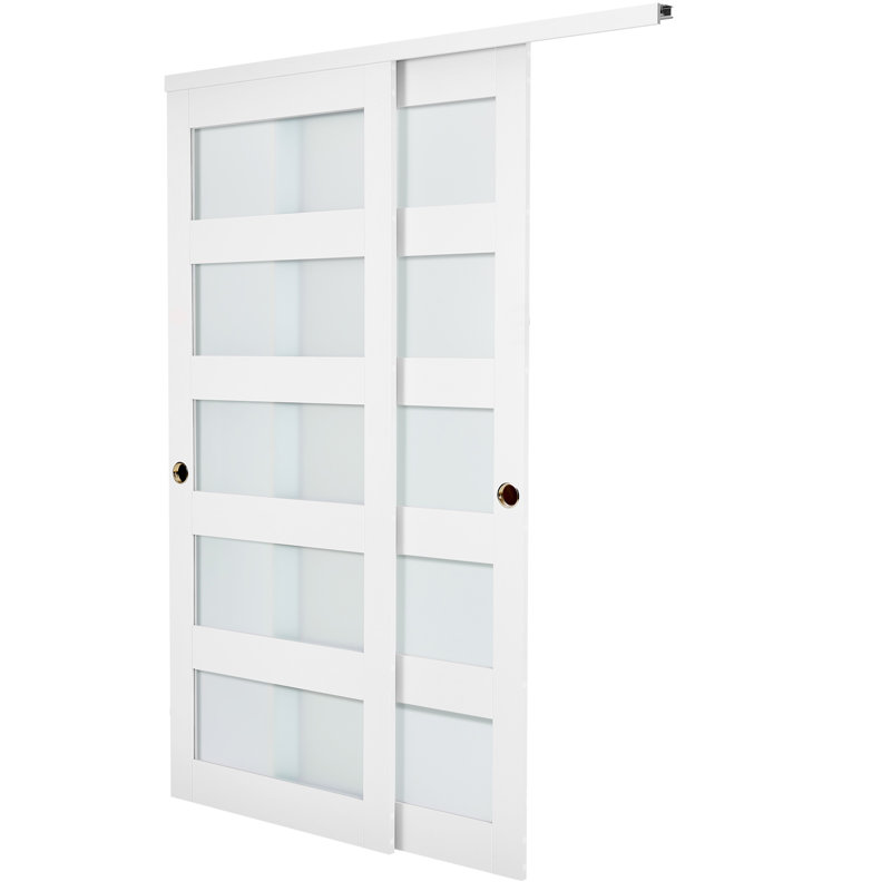 Porte de placard coulissante, 60 po (double 31 po) x 80 po, portes coulissantes en verre givré 5-Lite avec trousse de quincaillerie et guide de plancher, dalle en bois massif et panneau de fibres à densité moyenne avec surface en PVC imperméable pour les chambres de garde-robe