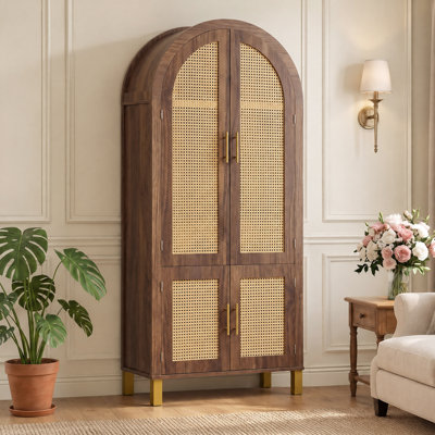 Armoire de cuisine autoportante de 71 po de hauteur avec 4 portes en rotin, garde-manger rustique pour la cuisine et la salle à manger