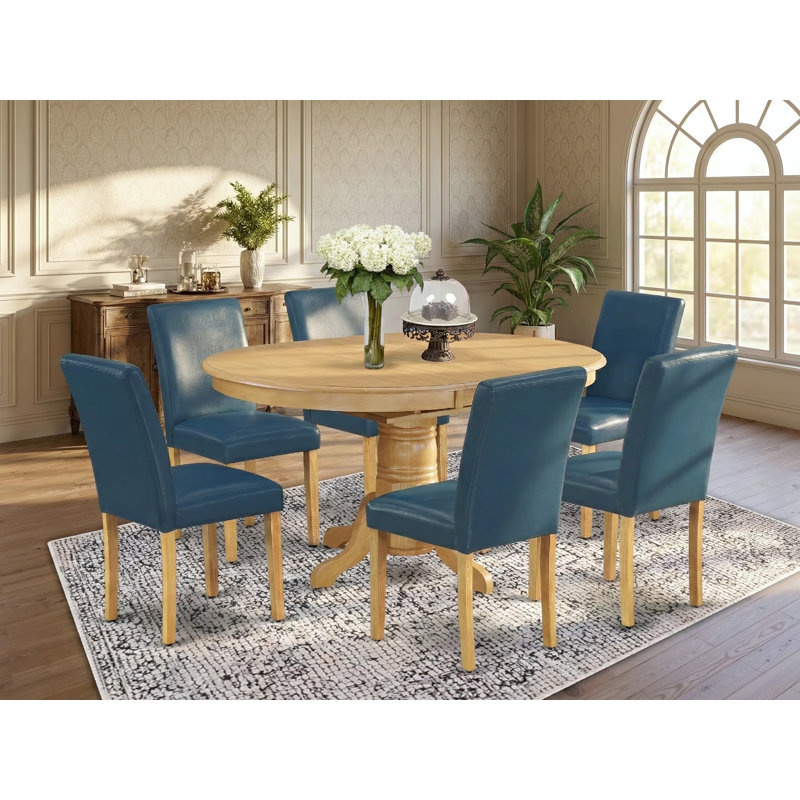 Ensemble de table de salle à manger 7 pièces composé d'une table de salle à manger ovale avec feuille papillon et de 6 chaises rembourrées en similicuir bleu Oasis, 42 x 60 pouces, chêne